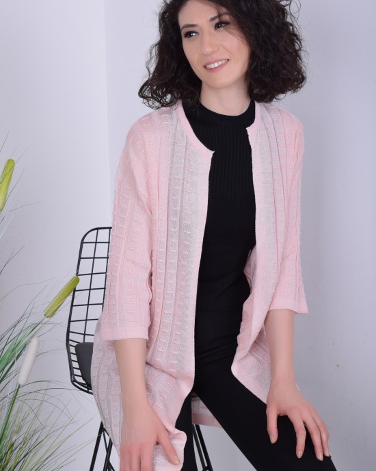 Kapri kol fitilli pembe hırka