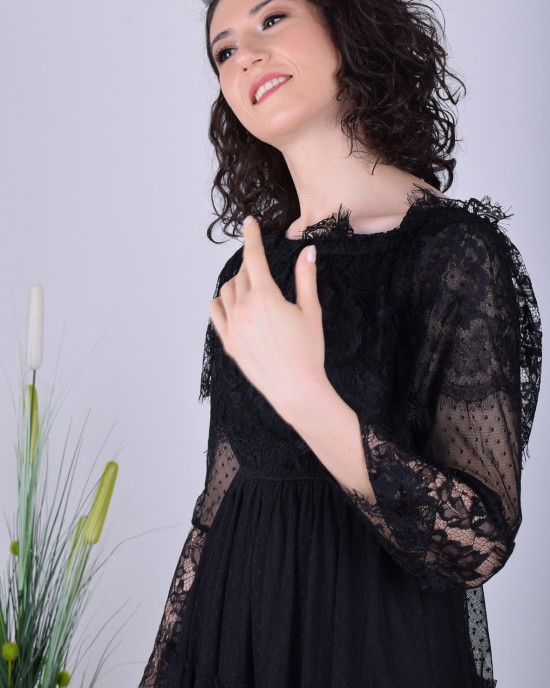 Madonna yaka uzun kol tül siyah elbise
