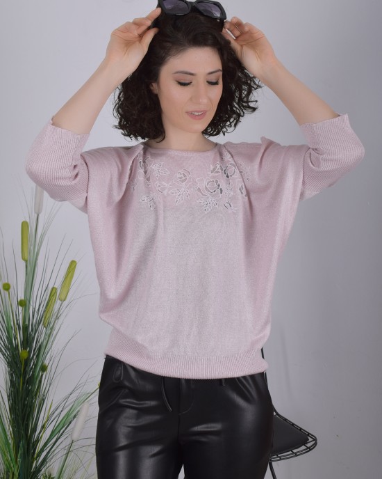 Gül desenli kol yırtmaç detaylı Pembe triko